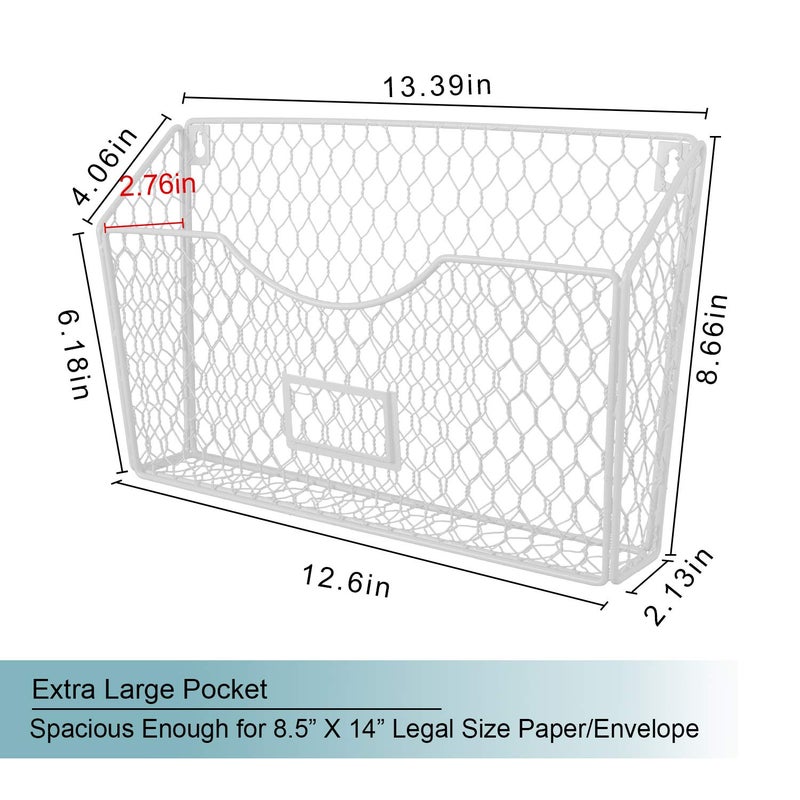 PAG 6 Pockets Hanging File Holder Wall Mount Mail Organizer Metal Chicken Wire Magazine Rack with Tag Slot, White - Image 4